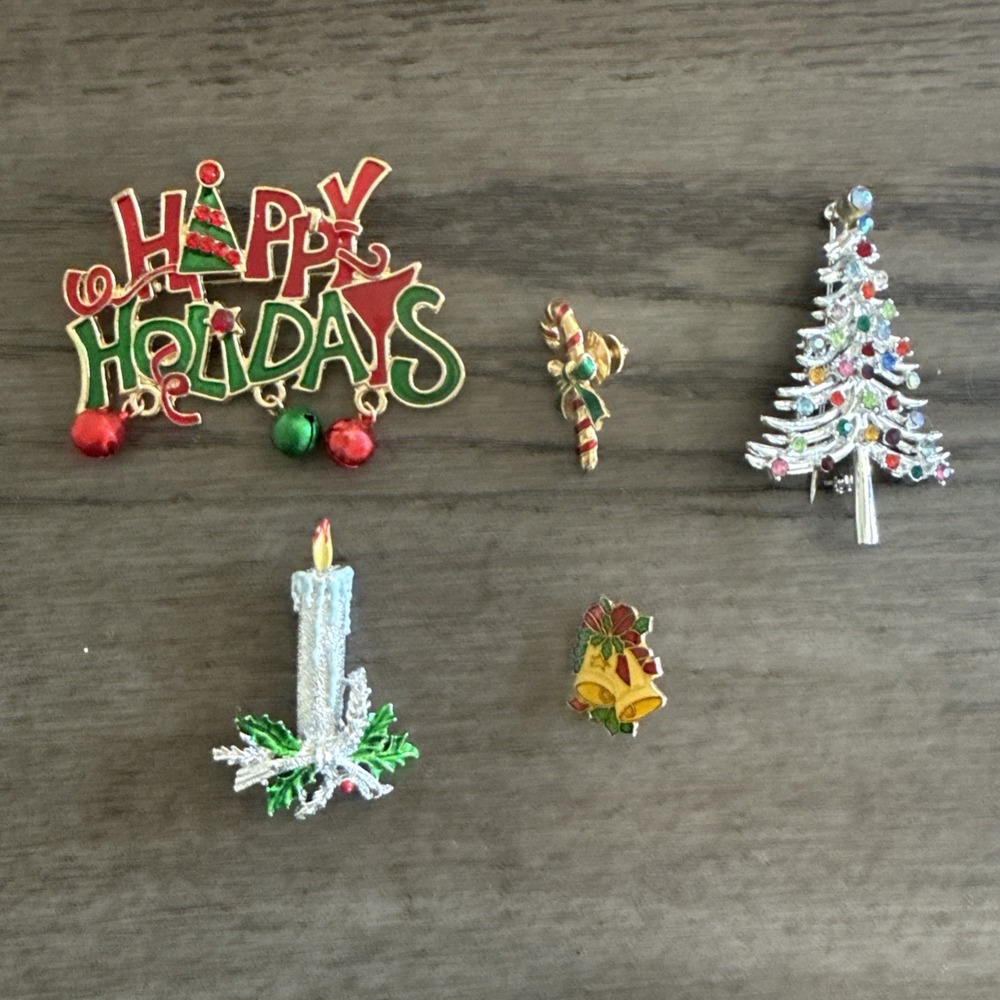 Set Of 5 Christmasโ Holiday Brooch And Pin Lot All Wearable Vintage